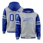 Custom Silver Royal Raglan Sleeves Varsity Full-Snap Letterman Three Stripes Jacket Hoodie