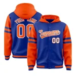 Custom Royal Orange Raglan Sleeves Varsity Full-Snap Letterman Three Stripes Jacket Hoodie