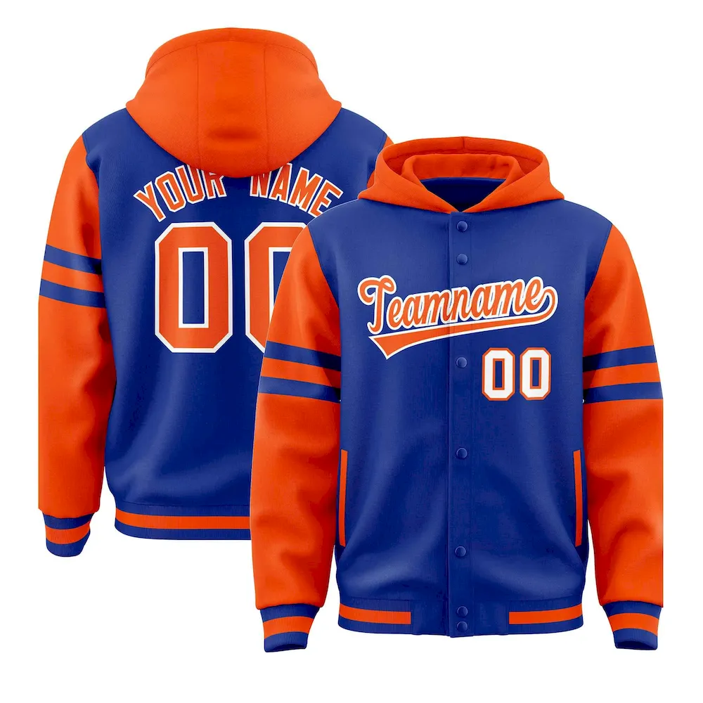 Custom Royal Orange Raglan Sleeves Varsity Full-Snap Letterman Three Stripes Jacket Hoodie
