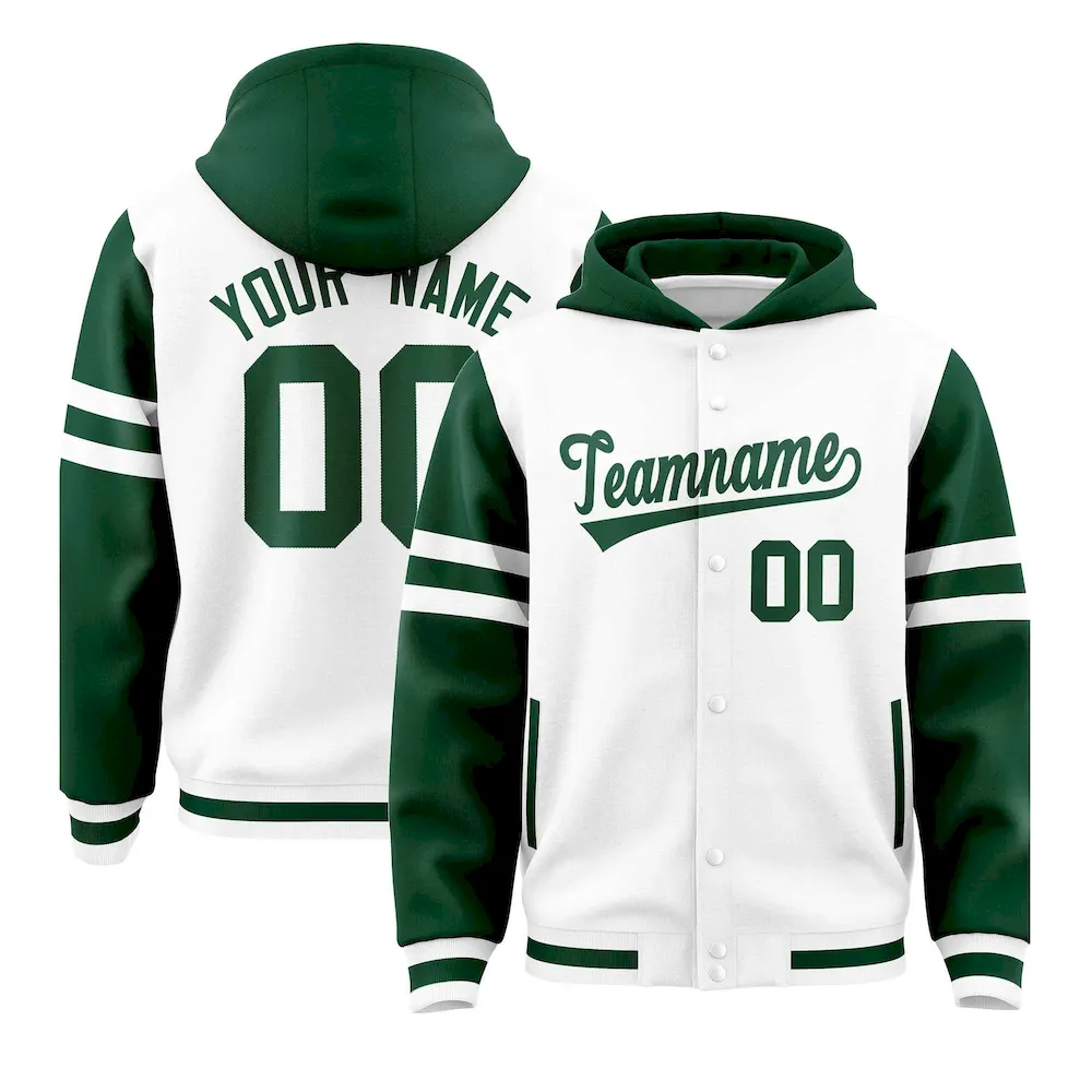 Custom White Green Raglan Sleeves Varsity Full-Snap Letterman Three Stripes Jacket Hoodie