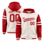 Custom Cream Red Raglan Sleeves Varsity Full-Snap Letterman Three Stripes Jacket Hoodie