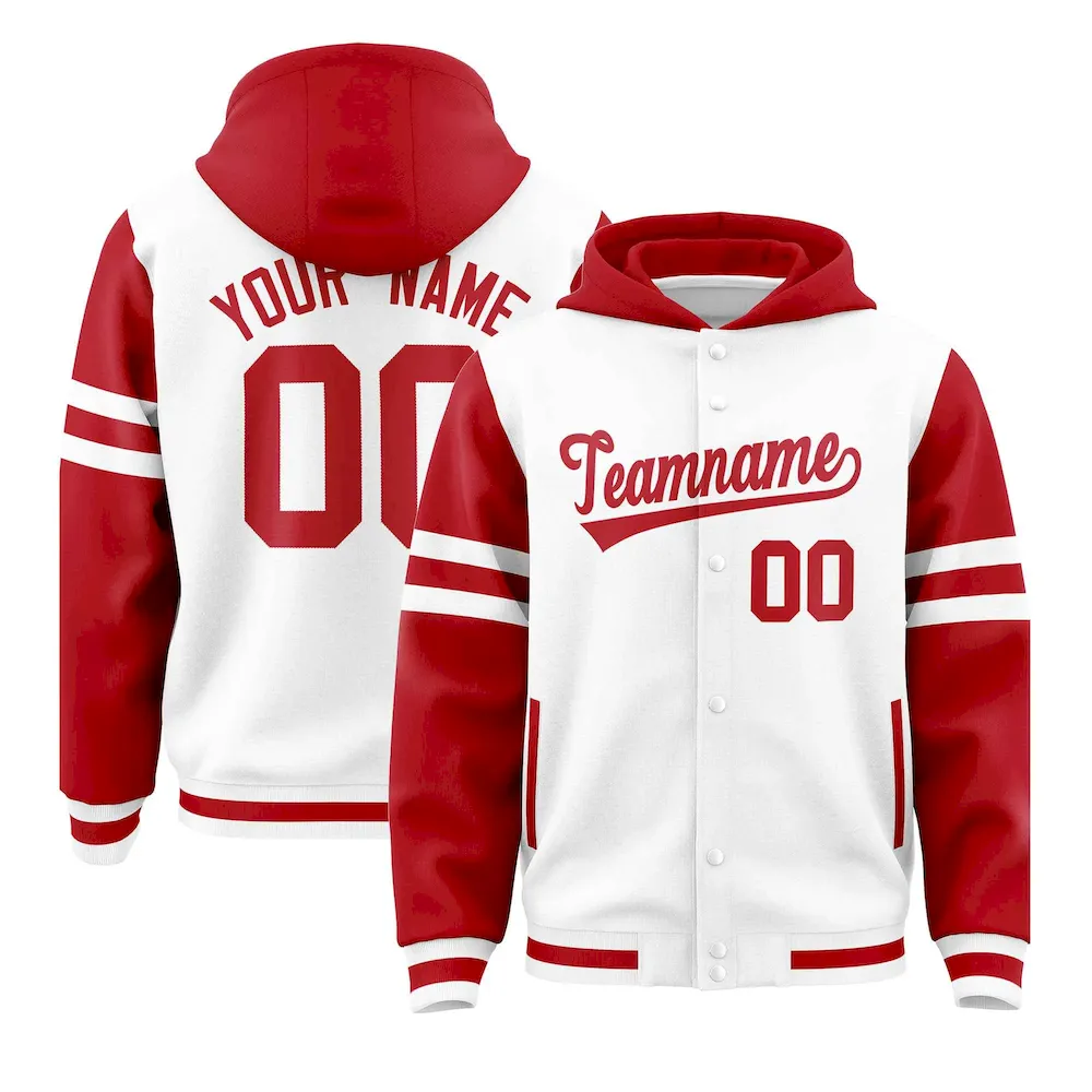 Custom White Red Raglan Sleeves Varsity Full-Snap Letterman Three Stripes Jacket Hoodie