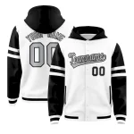 Custom White Black Raglan Sleeves Varsity Full-Snap Letterman Three Stripes Jacket Hoodie