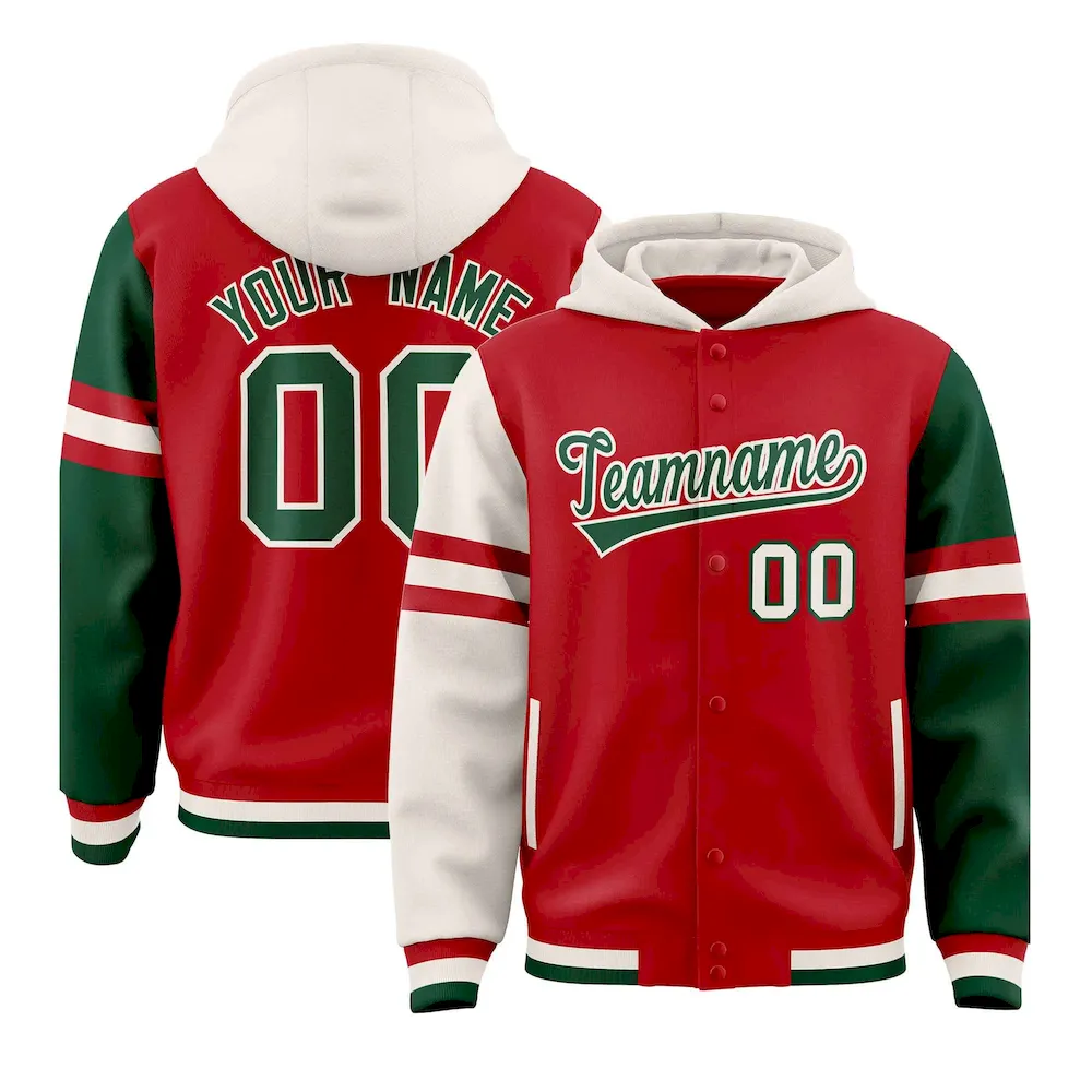 Custom Red Cream-Green Raglan Sleeves Varsity Full-Snap Letterman Three Stripes Jacket Hoodie