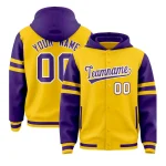Custom Gold Purple Raglan Sleeves Varsity Full-Snap Letterman Three Stripes Jacket Hoodie