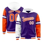 Custom Purple White-Orange Raglan Sleeves Varsity Full-Snap Letterman Three Stripes Jacket Hoodie