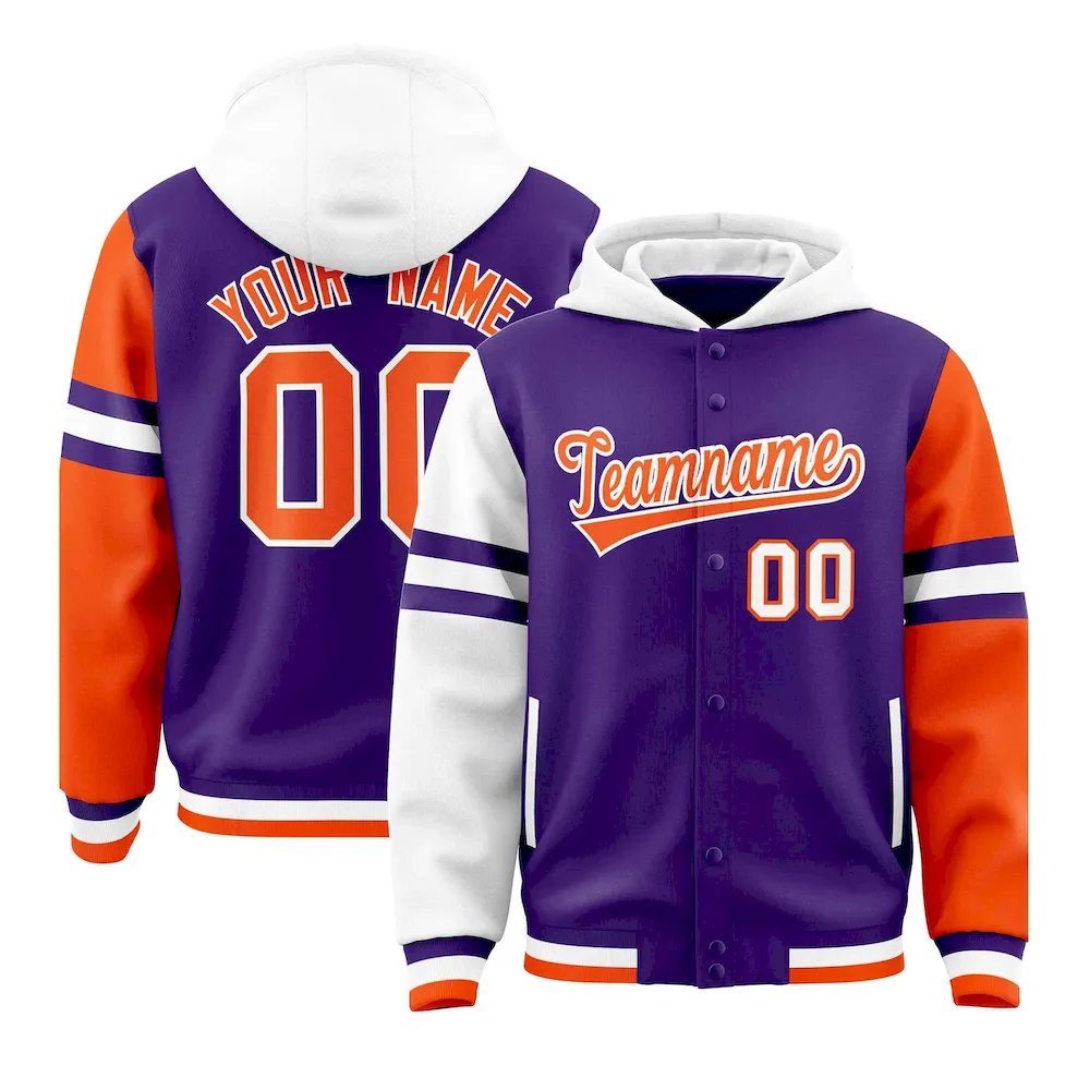 Custom Purple White-Orange Raglan Sleeves Varsity Full-Snap Letterman Three Stripes Jacket Hoodie