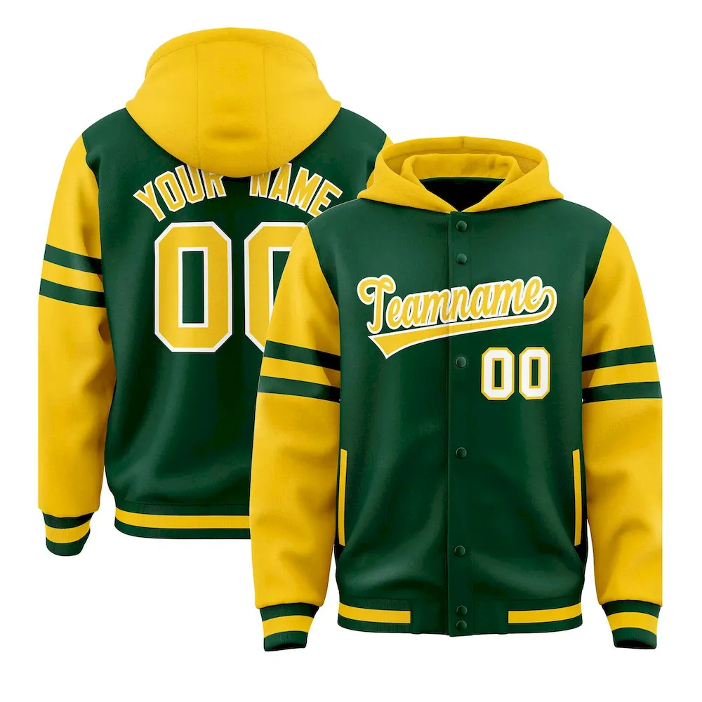 Custom Green Gold Raglan Sleeves Varsity Full-Snap Letterman Three Stripes Jacket Hoodie