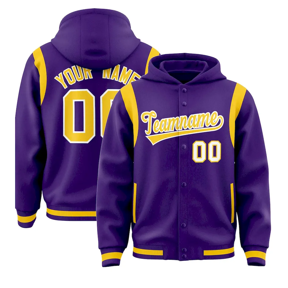 Custom Purple Gold Varsity Full-Snap Letterman Shoulder Color Block Jacket Hoodie