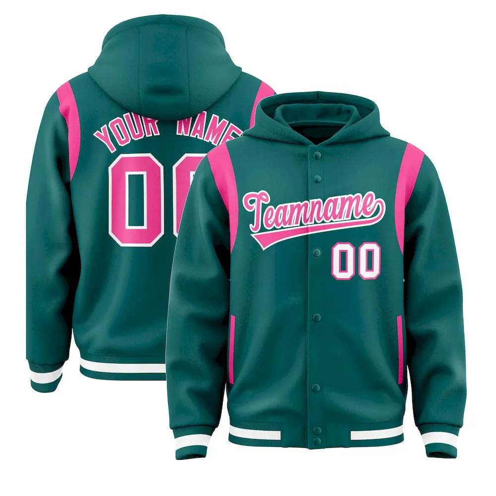 Custom Aqua Pink Varsity Full-Snap Letterman Shoulder Color Block Jacket Hoodie