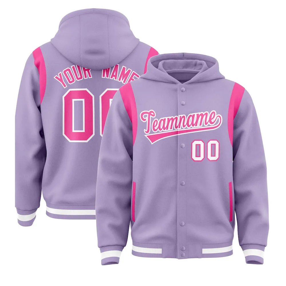 Custom Light Purple Pink Varsity Full-Snap Letterman Shoulder Color Block Jacket Hoodie