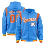 Custom Powder Blue Orange Varsity Full-Snap Letterman Shoulder Color Block Jacket Hoodie