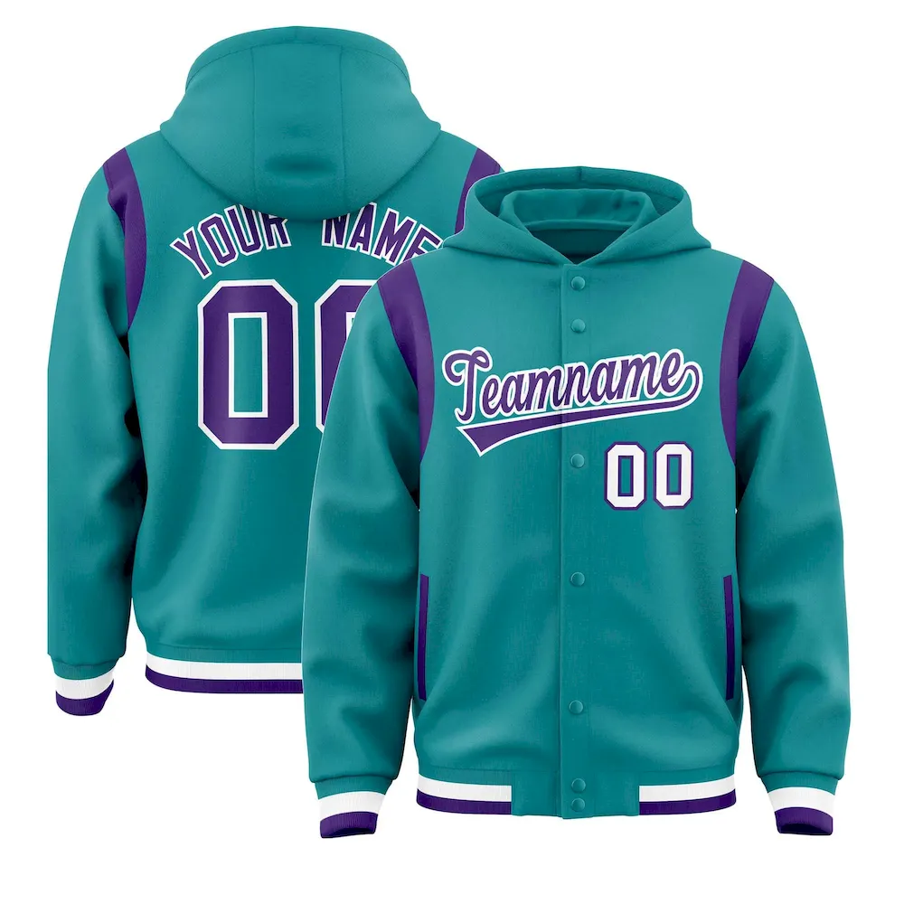 Custom Aqua Purple Varsity Full-Snap Letterman Shoulder Color Block Jacket Hoodie