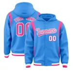 Custom Powder Blue Pink Varsity Full-Snap Letterman Shoulder Color Block Jacket Hoodie