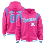 Custom Pink Powder Blue Varsity Full-Snap Letterman Shoulder Color Block Jacket Hoodie