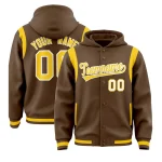 Custom Light Brown Gold Varsity Full-Snap Letterman Shoulder Color Block Jacket Hoodie