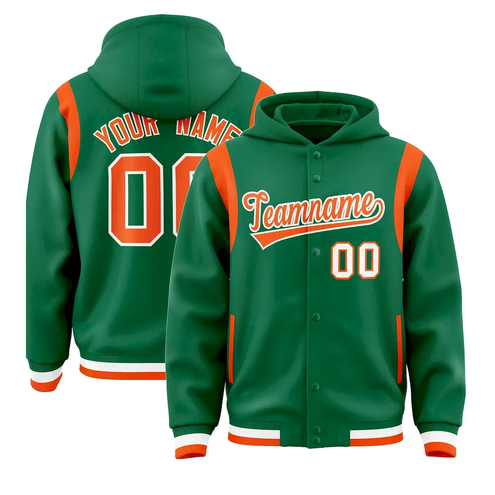 Custom Kelly Green Orange Varsity Full-Snap Letterman Shoulder Color Block Jacket Hoodie