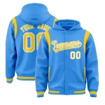 Custom Powder Blue Gold Varsity Full-Snap Letterman Shoulder Color Block Jacket Hoodie