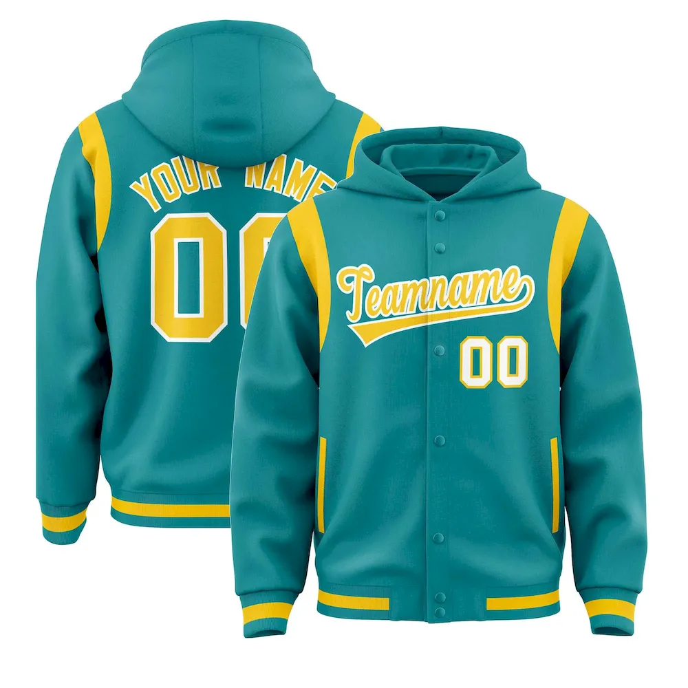 Custom Aqua Gold Varsity Full-Snap Letterman Shoulder Color Block Jacket Hoodie