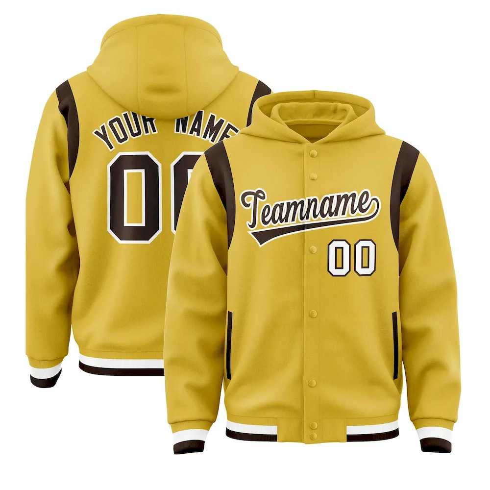 Custom Old Gold Brown Varsity Full-Snap Letterman Shoulder Color Block Jacket Hoodie