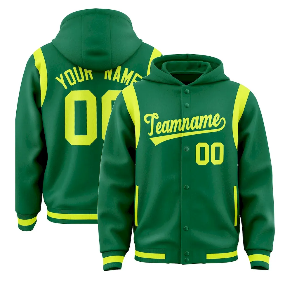 Custom Kelly Green Fluorescent Green Varsity Full-Snap Letterman Shoulder Color Block Jacket Hoodie
