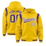 Custom Gold Purple Varsity Full-Snap Letterman Shoulder Color Block Jacket Hoodie