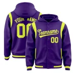 Custom Purple Fluorescent Green Varsity Full-Snap Letterman Shoulder Color Block Jacket Hoodie
