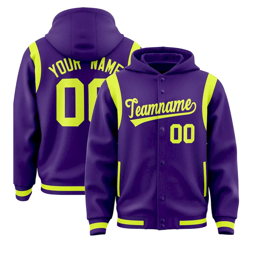 Custom Purple Fluorescent Green Varsity Full-Snap Letterman Shoulder Color Block Jacket Hoodie