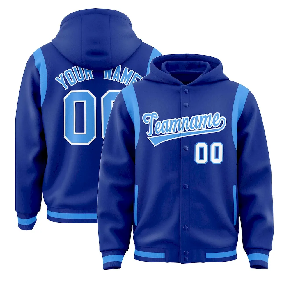 Custom Royal Powder Blue Varsity Full-Snap Letterman Shoulder Color Block Jacket Hoodie
