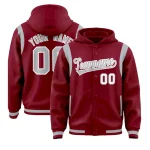Custom Crimson Silver Varsity Full-Snap Letterman Shoulder Color Block Jacket Hoodie