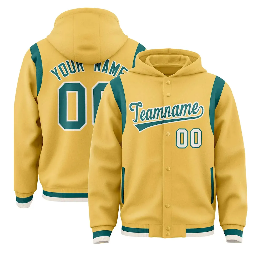 Custom Khaki Aqua Varsity Full-Snap Letterman Shoulder Color Block Jacket Hoodie