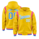 Custom Gold Powder Blue Varsity Full-Snap Letterman Shoulder Color Block Jacket Hoodie