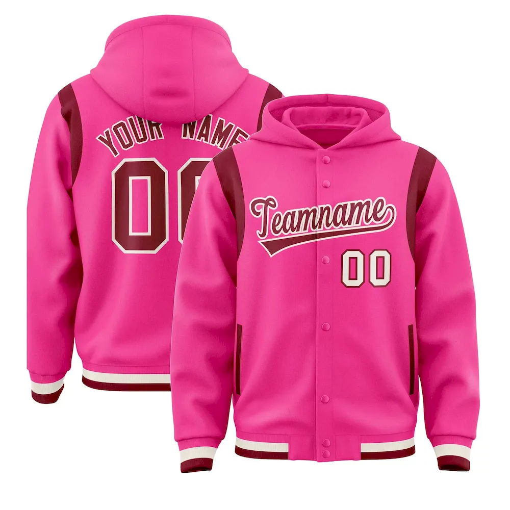 Custom Pink Crimson Varsity Full-Snap Letterman Shoulder Color Block Jacket Hoodie