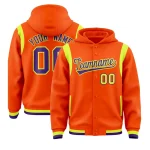 Custom Orange Purple Varsity Full-Snap Letterman Shoulder Color Block Jacket Hoodie