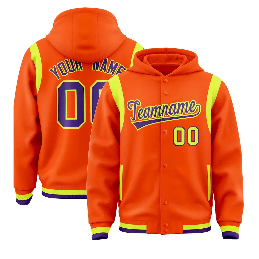 Custom Orange Purple Varsity Full-Snap Letterman Shoulder Color Block Jacket Hoodie
