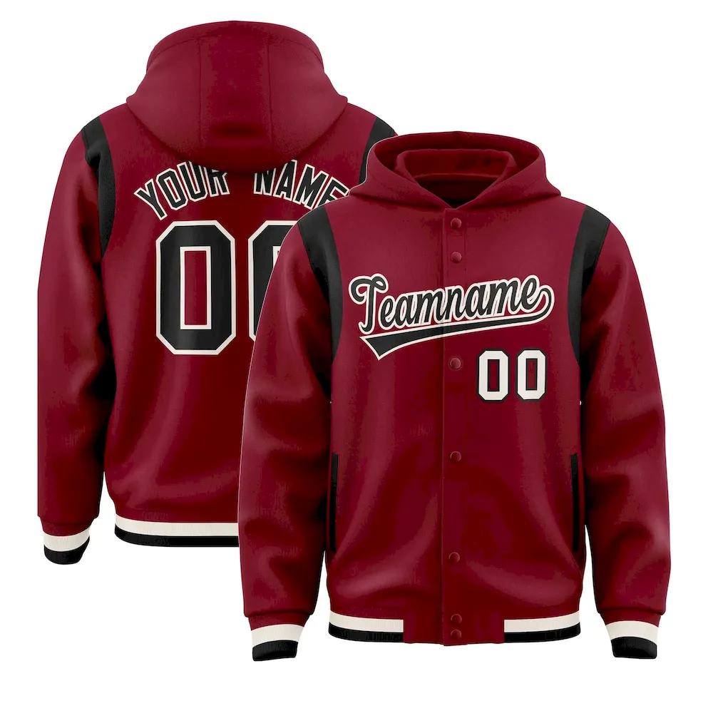 Custom Crimson Black Varsity Full-Snap Letterman Shoulder Color Block Jacket Hoodie