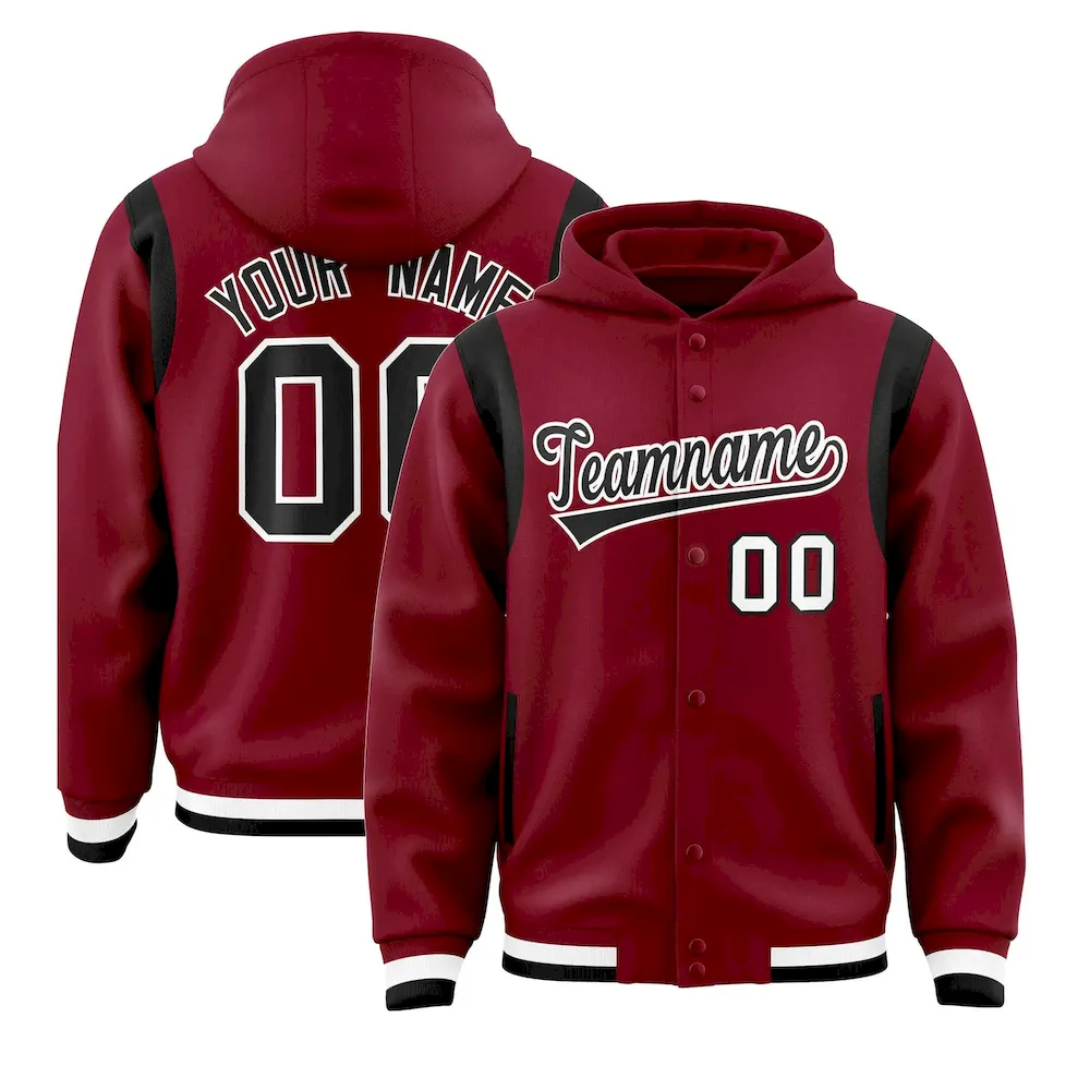 Custom Crimson Black Varsity Full-Snap Letterman Shoulder Color Block Jacket Hoodie