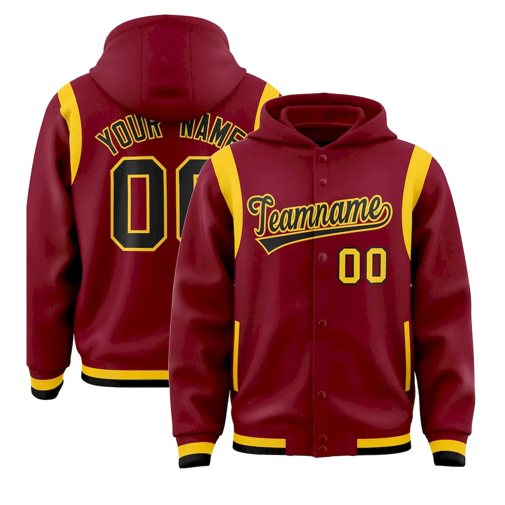Custom Crimson Black Varsity Full-Snap Letterman Shoulder Color Block Jacket Hoodie
