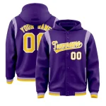 Custom Purple Gold Varsity Full-Snap Letterman Shoulder Color Block Jacket Hoodie
