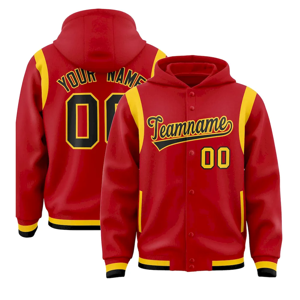 Custom Red Black Varsity Full-Snap Letterman Shoulder Color Block Jacket Hoodie