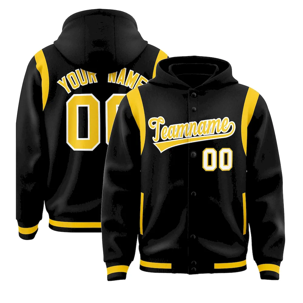 Custom Black Gold Varsity Full-Snap Letterman Shoulder Color Block Jacket Hoodie