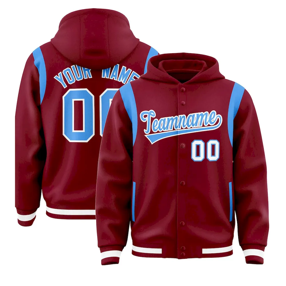 Custom Silver Black Varsity Full-Snap Letterman Shoulder Color Block Jacket Hoodie