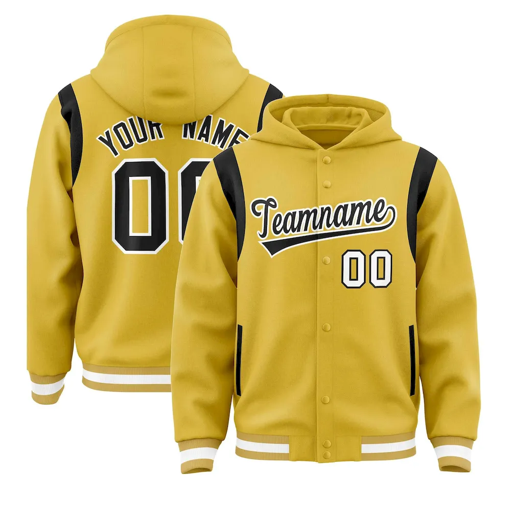 Custom Old Gold Black Varsity Full-Snap Letterman Shoulder Color Block Jacket Hoodie