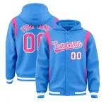 Custom Powder Blue Pink Varsity Full-Snap Letterman Shoulder Color Block Jacket Hoodie