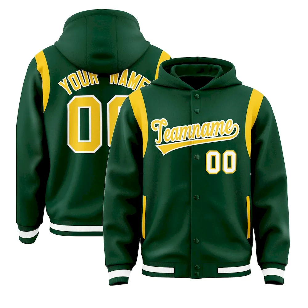 Custom Green Gold Varsity Full-Snap Letterman Shoulder Color Block Jacket Hoodie