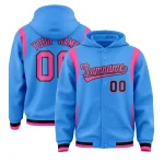 Custom Powder Blue Pink Varsity Full-Snap Letterman Shoulder Color Block Jacket Hoodie