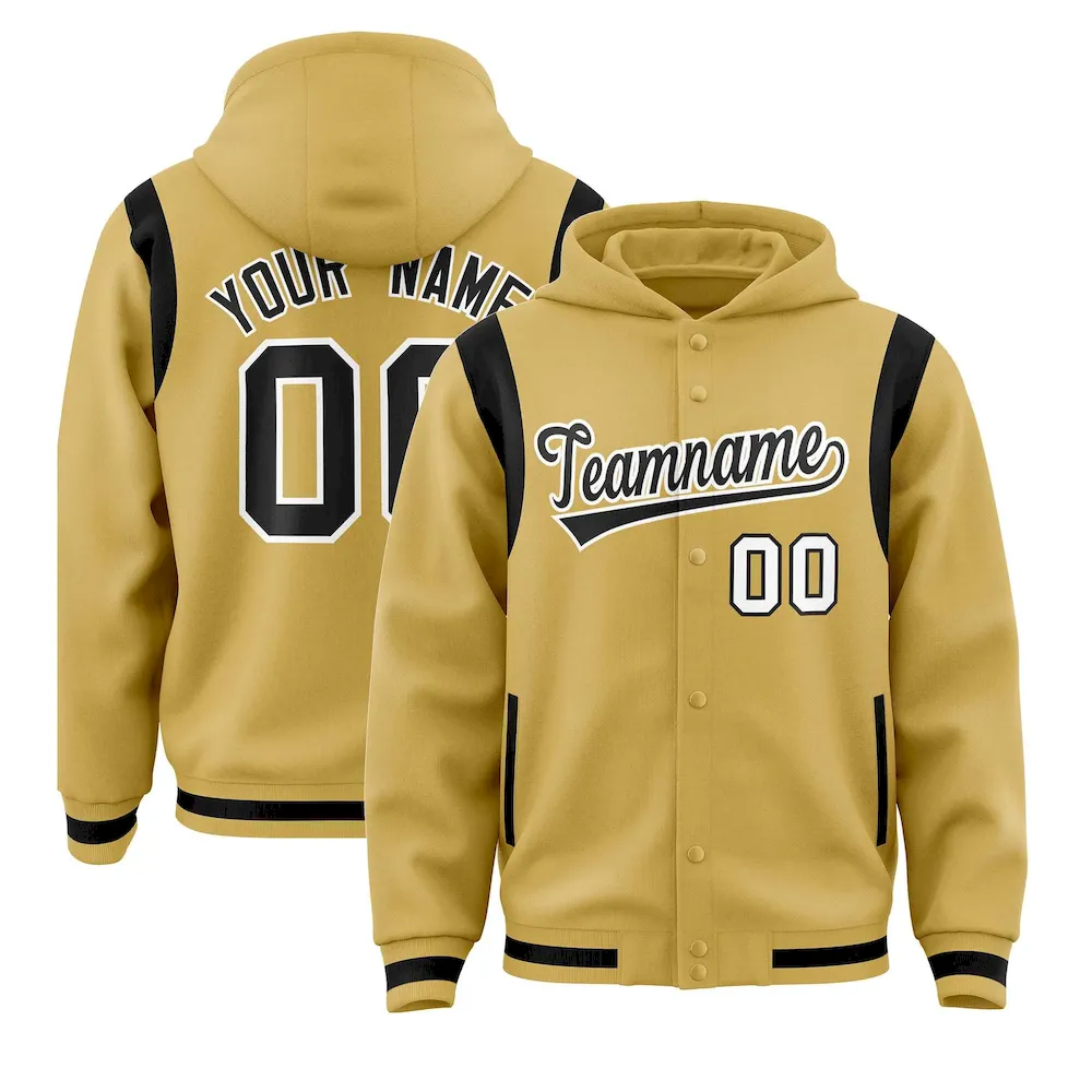 Custom Old Gold Black Varsity Full-Snap Letterman Shoulder Color Block Jacket Hoodie