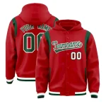 Custom Red Green Varsity Full-Snap Letterman Shoulder Color Block Jacket Hoodie
