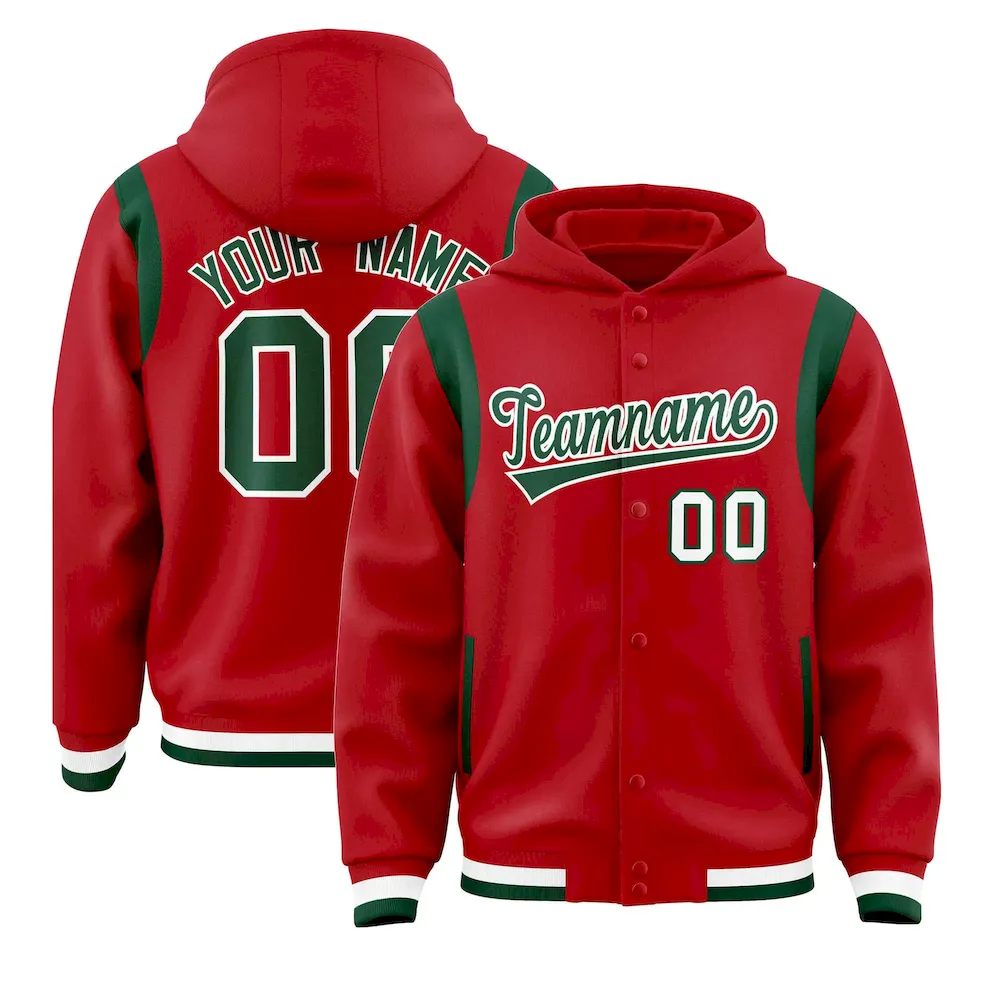 Custom Red Green Varsity Full-Snap Letterman Shoulder Color Block Jacket Hoodie
