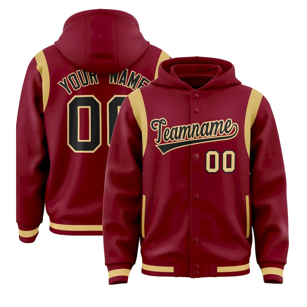 Custom Crimson Black Varsity Full-Snap Letterman Shoulder Color Block Jacket Hoodie